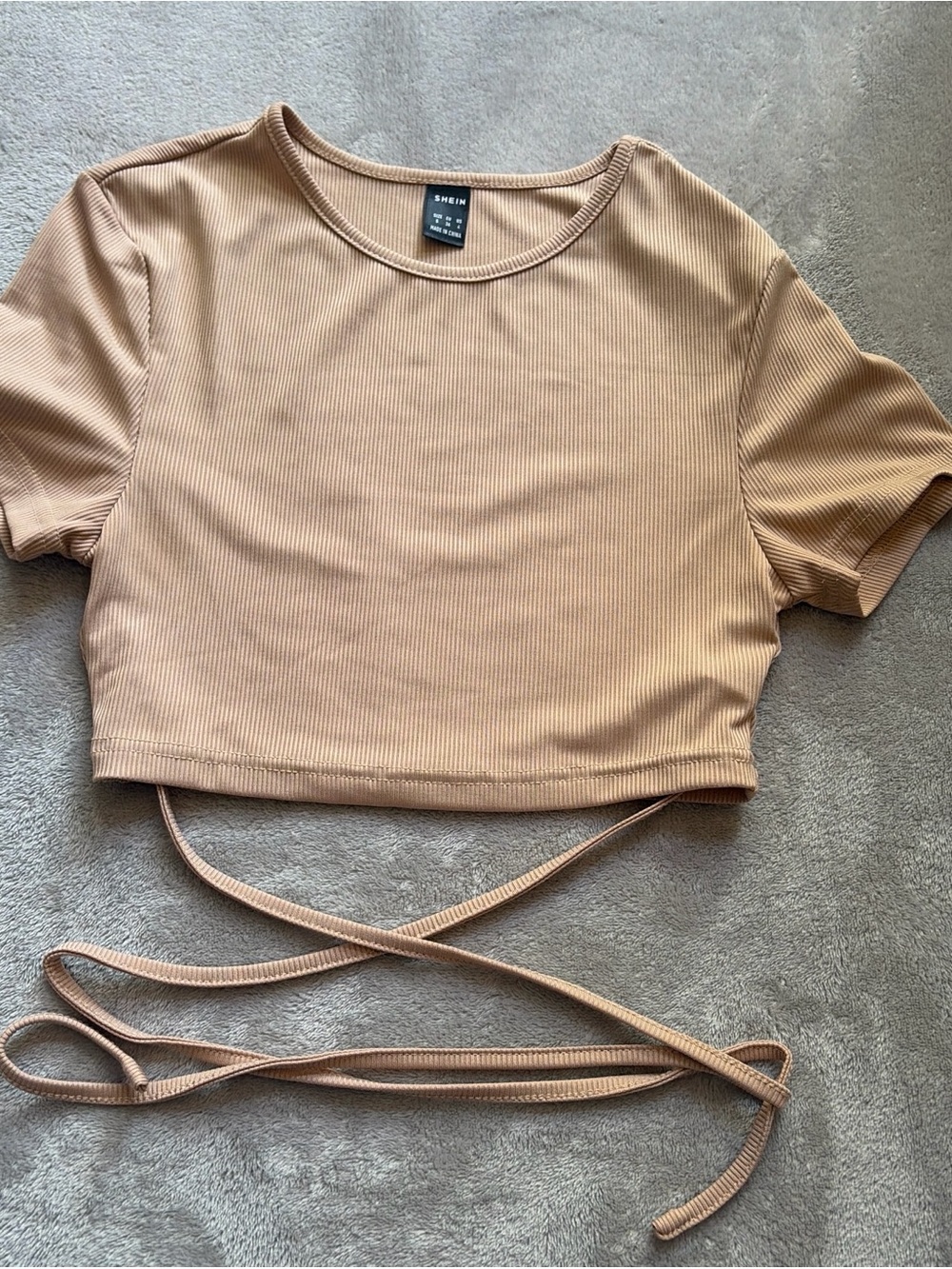 SHEIN Tan Ribbed Wrap-Around Crop Top